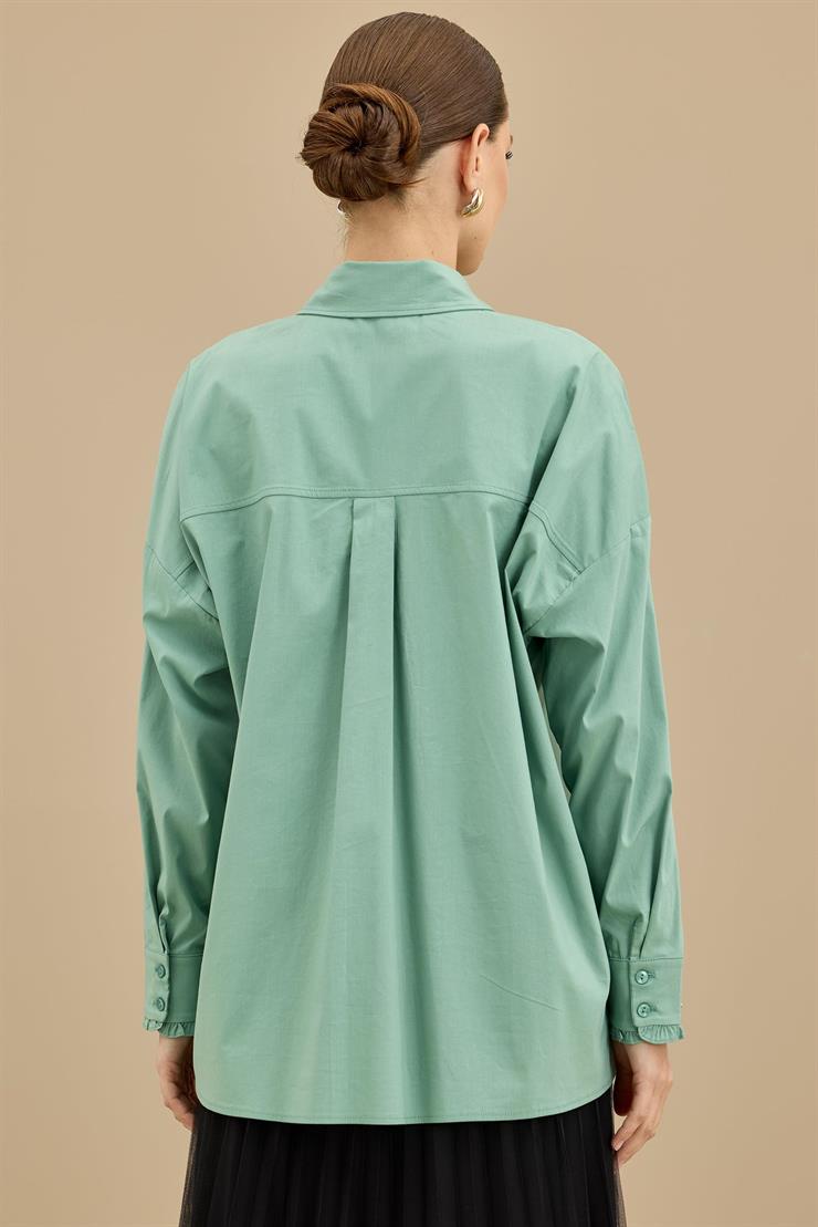 Pat Ve Kol Uçları Fırfırlı Taşlı Gömlek YEŞİL