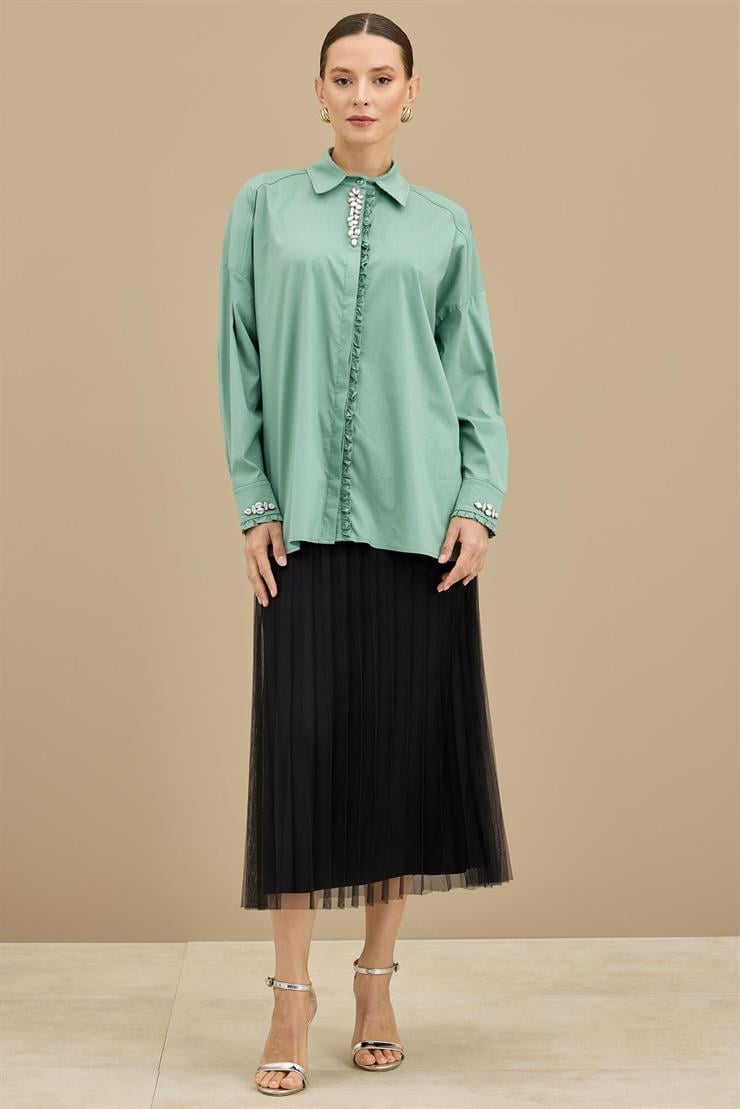 Pat Ve Kol Uçları Fırfırlı Taşlı Gömlek YEŞİL