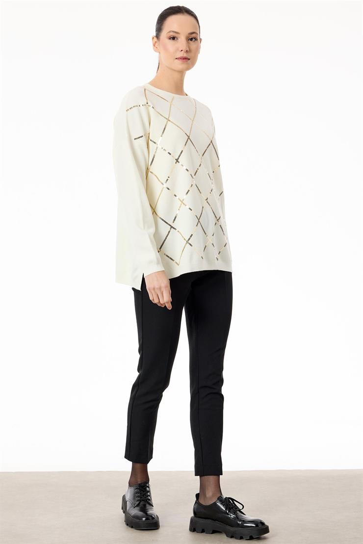 Payetli Baklava Desenli Triko Bluz EKRU