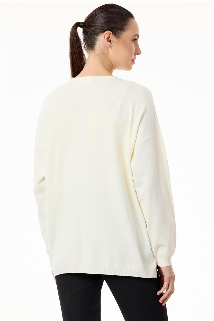 Payetli Baklava Desenli Triko Bluz EKRU