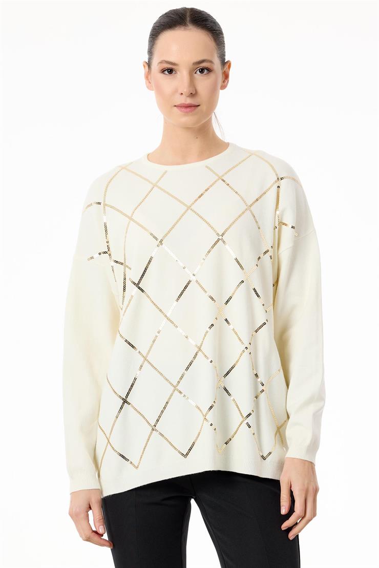 Payetli Baklava Desenli Triko Bluz EKRU