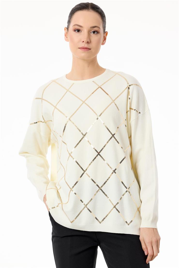 Payetli Baklava Desenli Triko Bluz EKRU