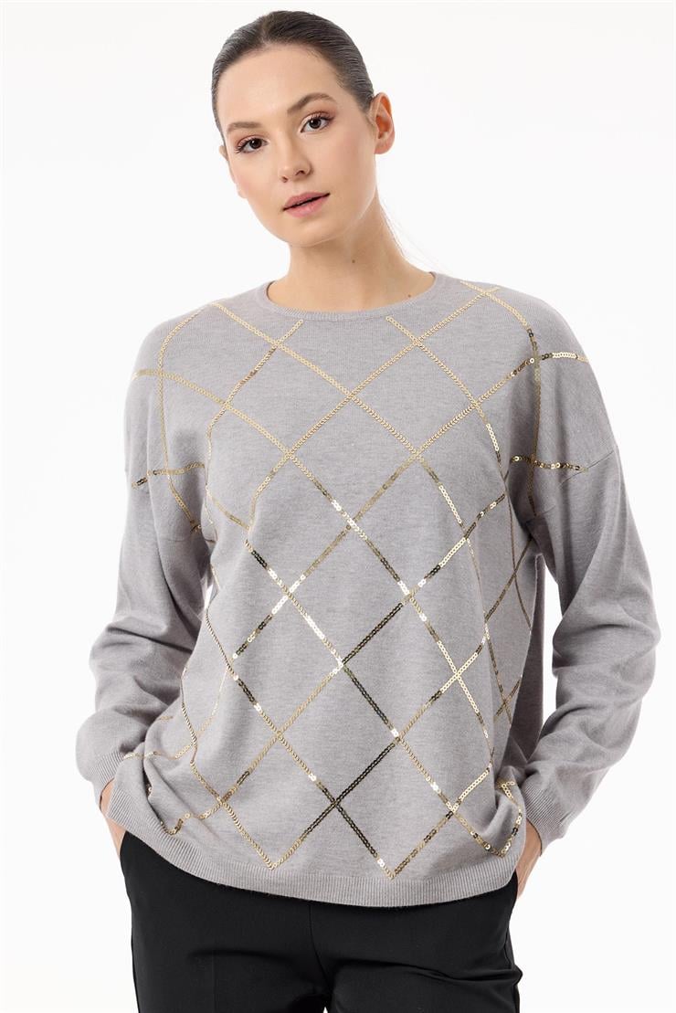 Payetli Baklava Desenli Triko Bluz GRİ