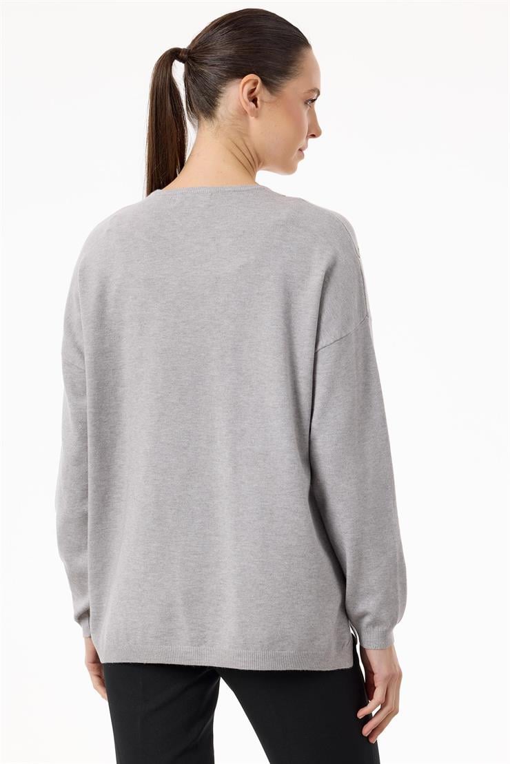 Payetli Baklava Desenli Triko Bluz GRİ