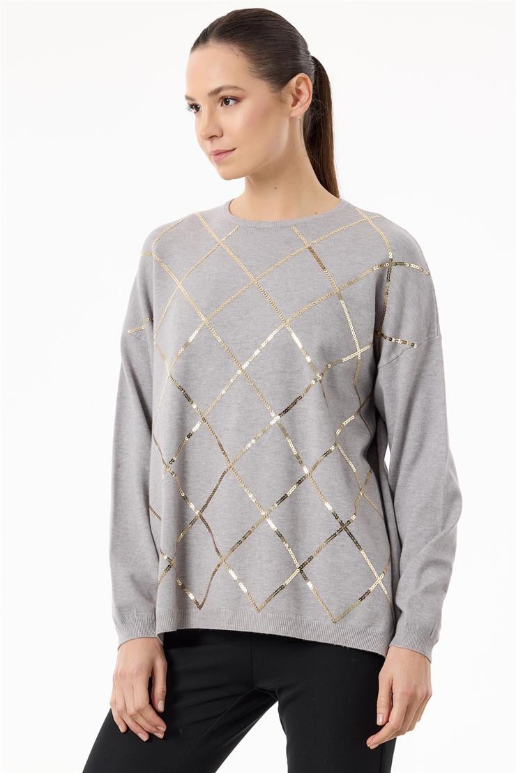 Payetli Baklava Desenli Triko Bluz GRİ