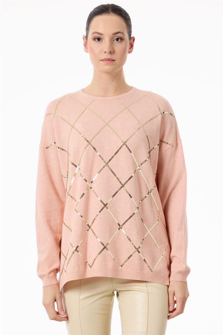 Payetli Baklava Desenli Triko Bluz PEMBE