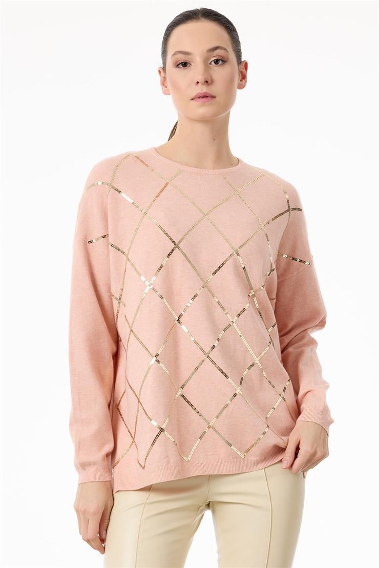Payetli Baklava Desenli Triko Bluz PEMBE