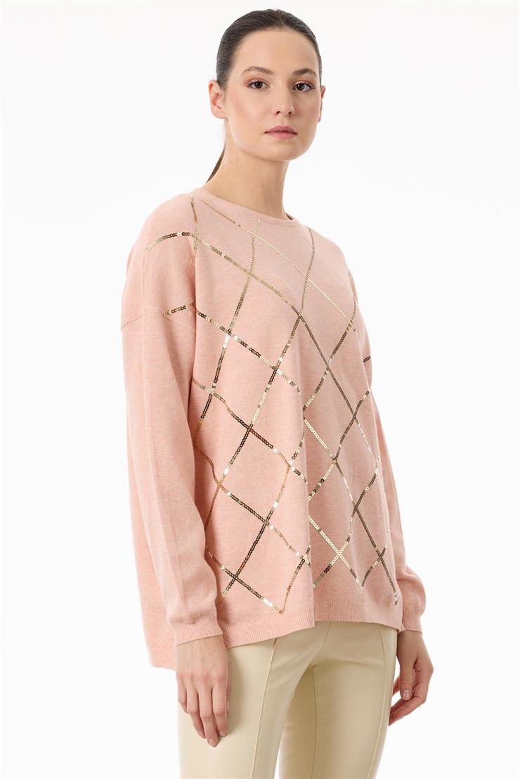 Payetli Baklava Desenli Triko Bluz PEMBE