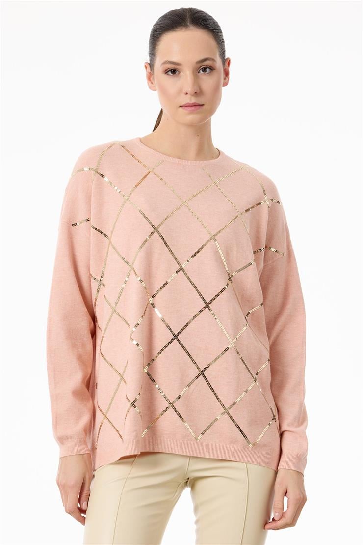 Payetli Baklava Desenli Triko Bluz PEMBE