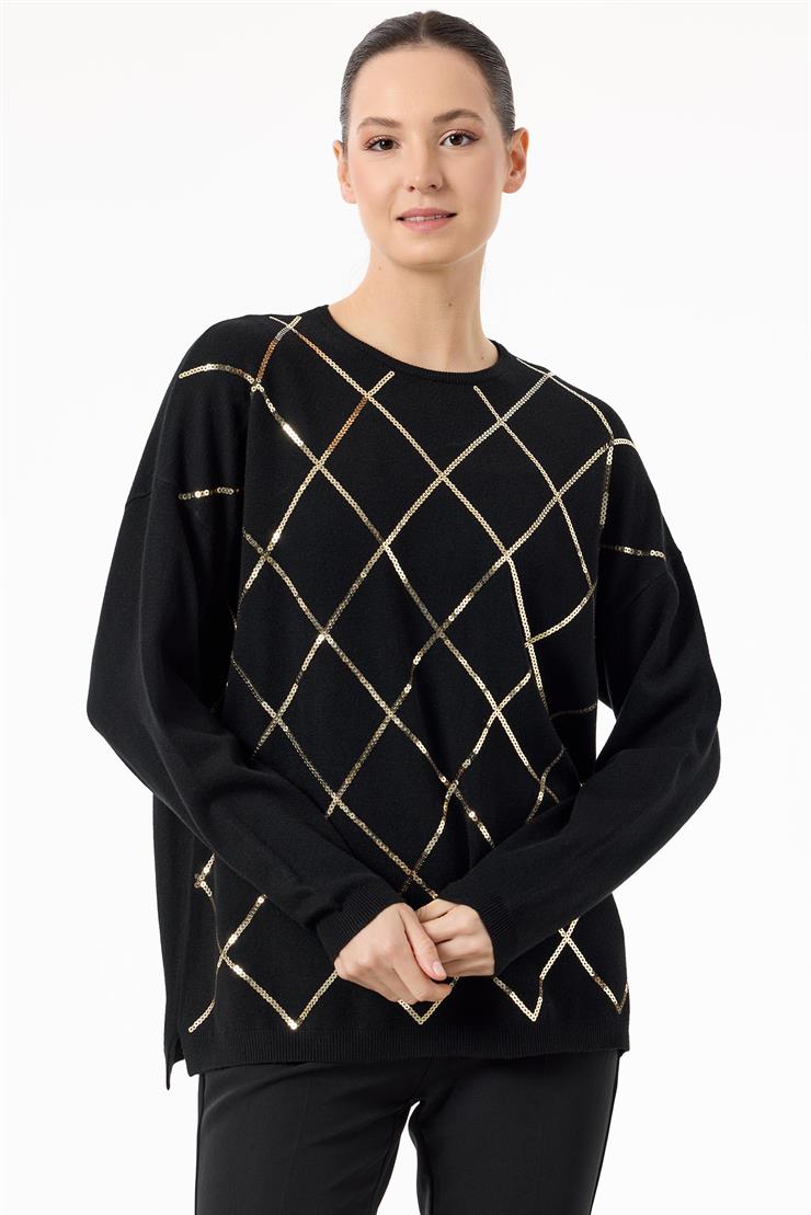 Payetli Baklava Desenli Triko Bluz SİYAH