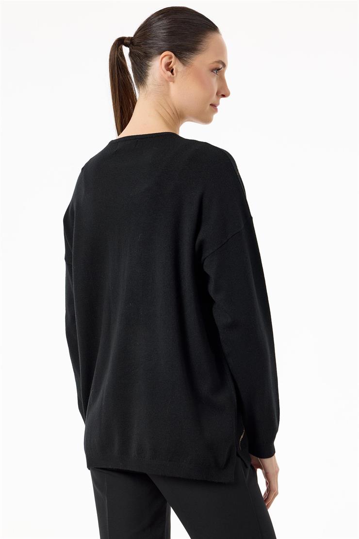 Payetli Baklava Desenli Triko Bluz SİYAH