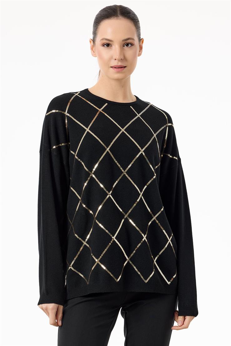 Payetli Baklava Desenli Triko Bluz SİYAH