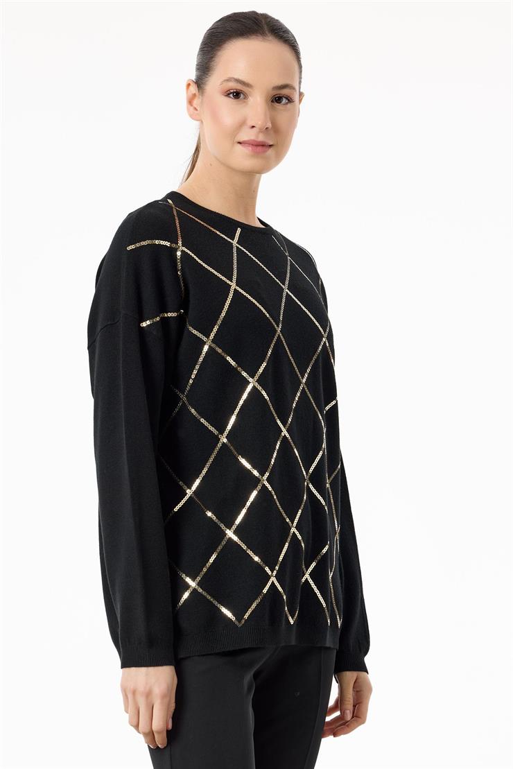 Payetli Baklava Desenli Triko Bluz SİYAH