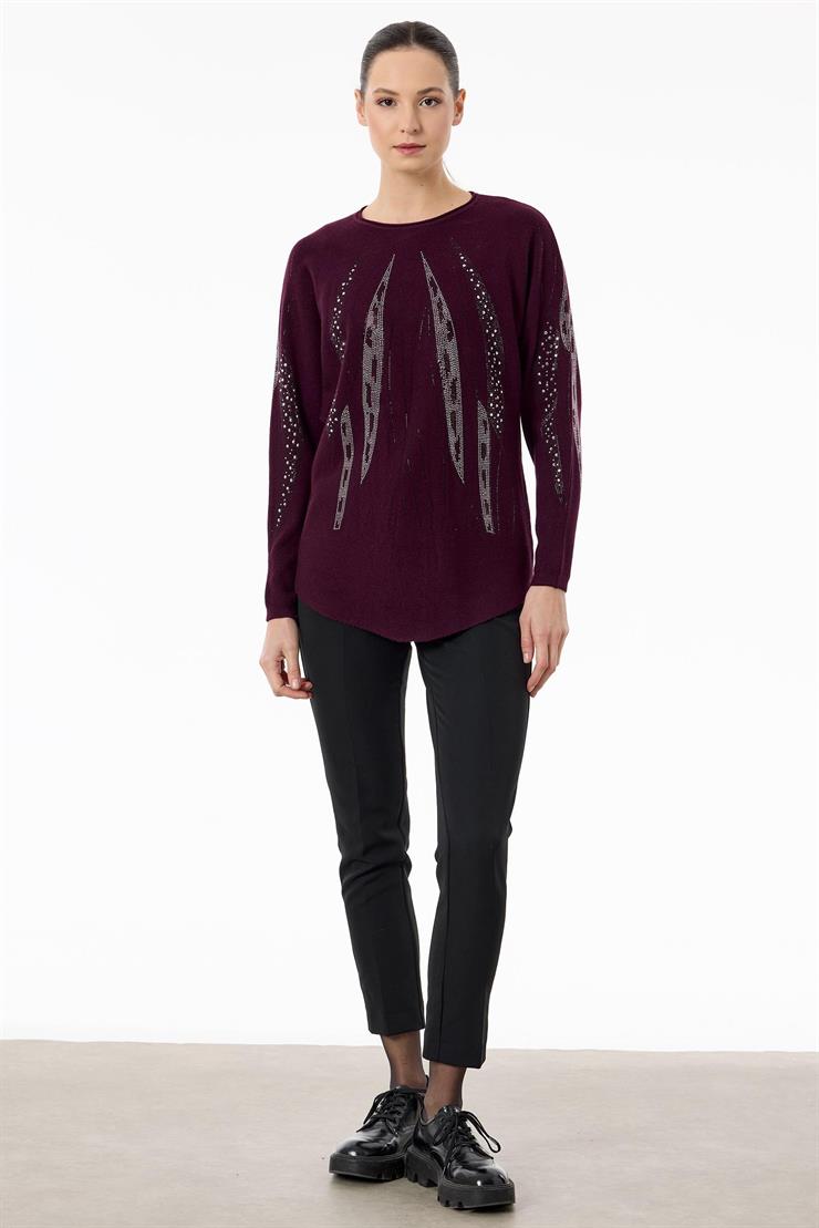 Payetli Sosis Yakalı Triko Bluz KIRMIZI