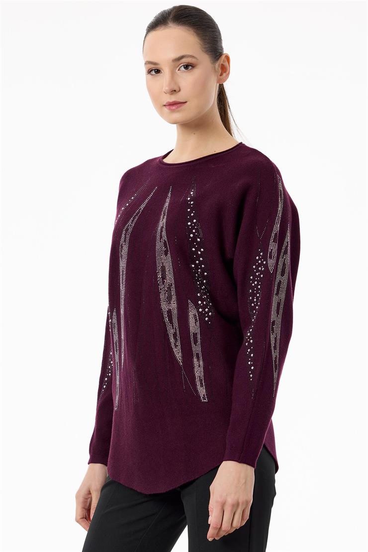 Payetli Sosis Yakalı Triko Bluz KIRMIZI