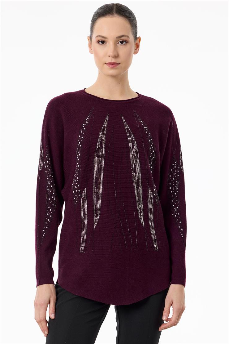 Payetli Sosis Yakalı Triko Bluz KIRMIZI