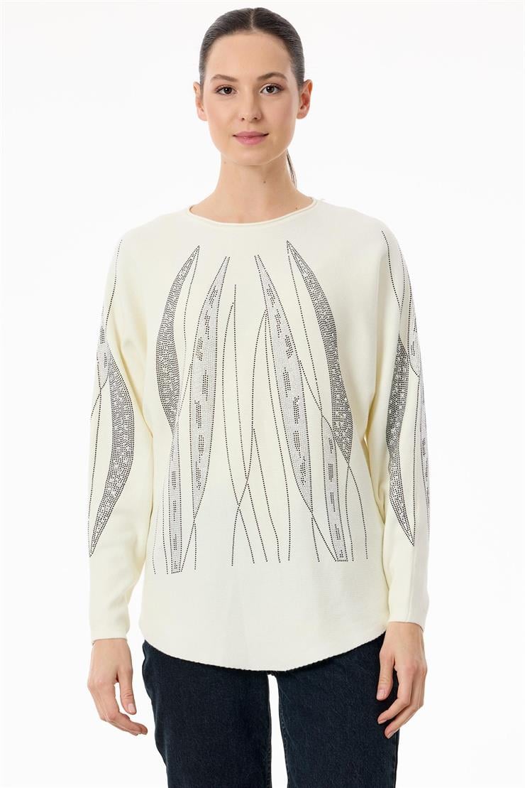 Payetli Sosis Yakalı Triko Bluz EKRU