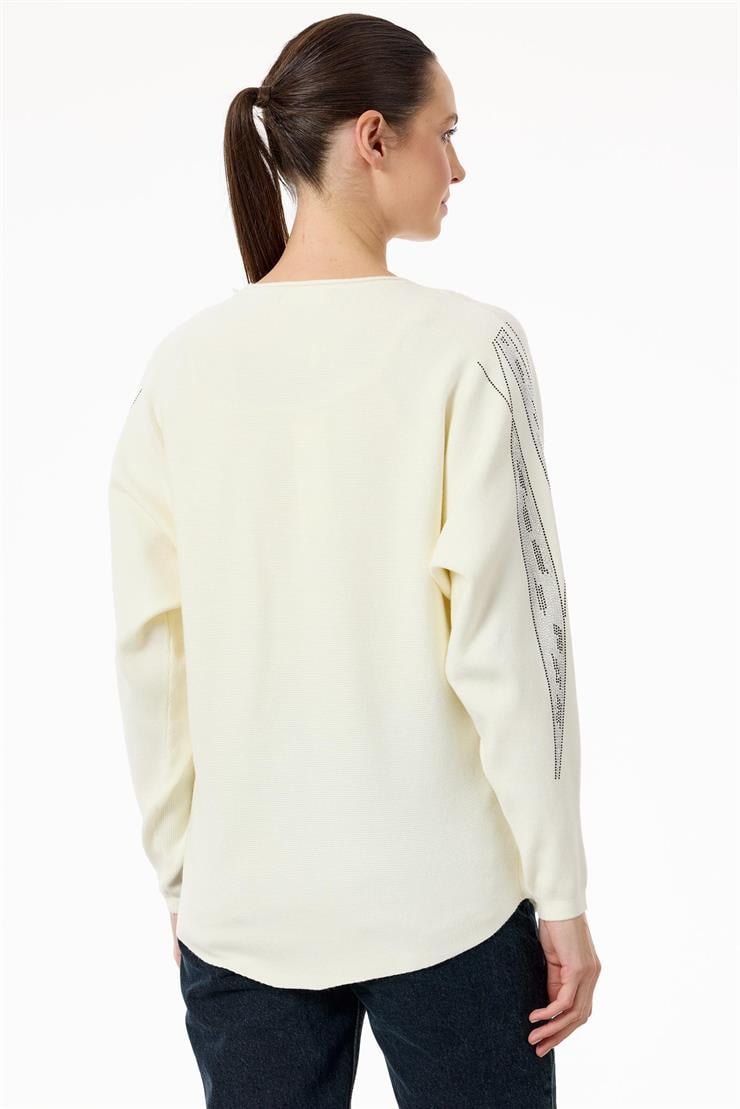 Payetli Sosis Yakalı Triko Bluz EKRU