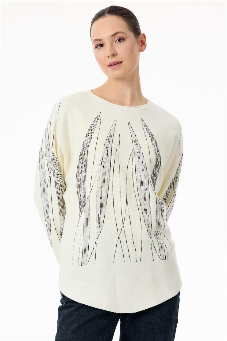 Payetli Sosis Yakalı Triko Bluz EKRU