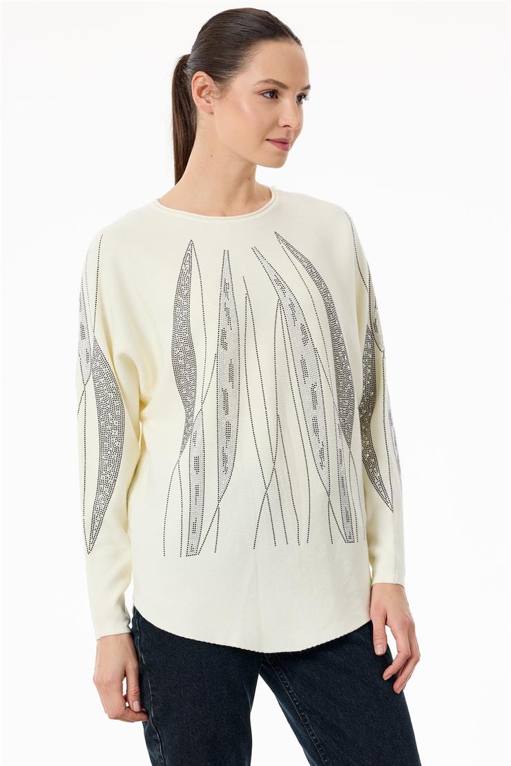 Payetli Sosis Yakalı Triko Bluz EKRU