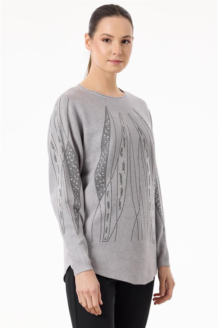 Payetli Sosis Yakalı Triko Bluz GRİ
