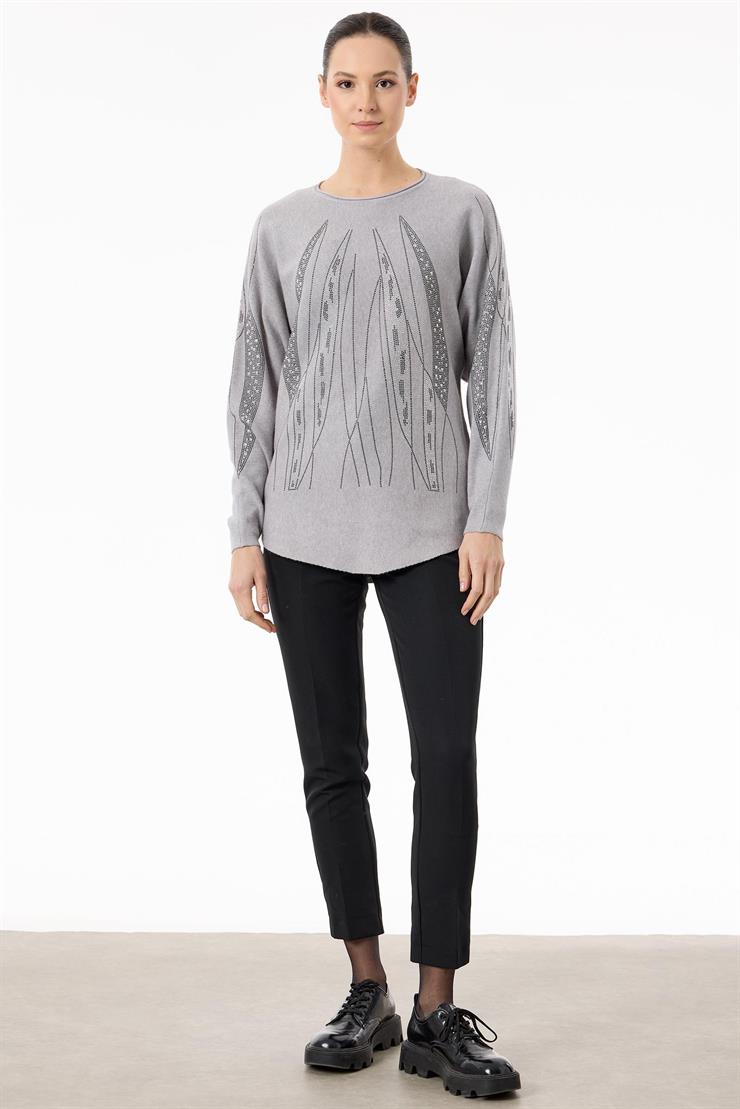 Payetli Sosis Yakalı Triko Bluz GRİ