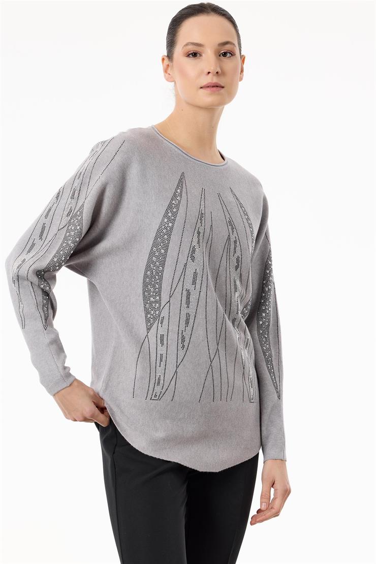 Payetli Sosis Yakalı Triko Bluz GRİ