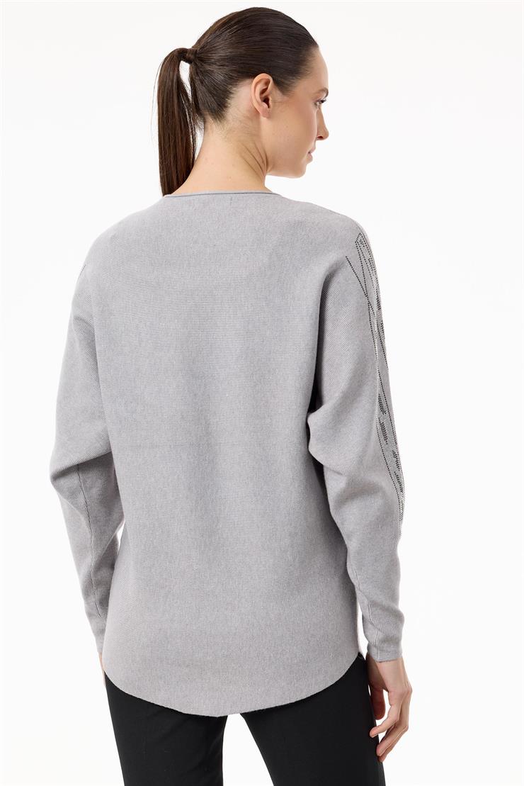Payetli Sosis Yakalı Triko Bluz GRİ