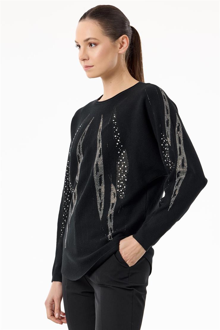 Payetli Sosis Yakalı Triko Bluz SİYAH