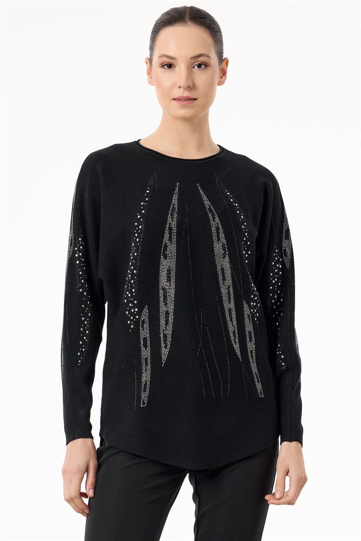 Payetli Sosis Yakalı Triko Bluz SİYAH