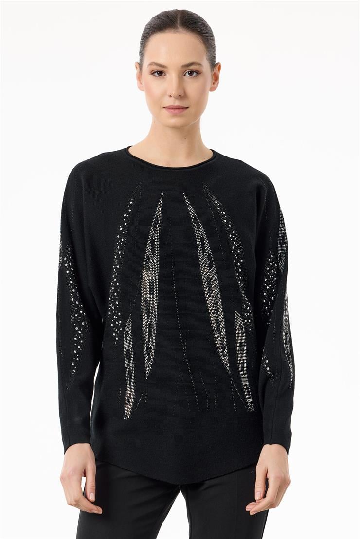 Payetli Sosis Yakalı Triko Bluz SİYAH