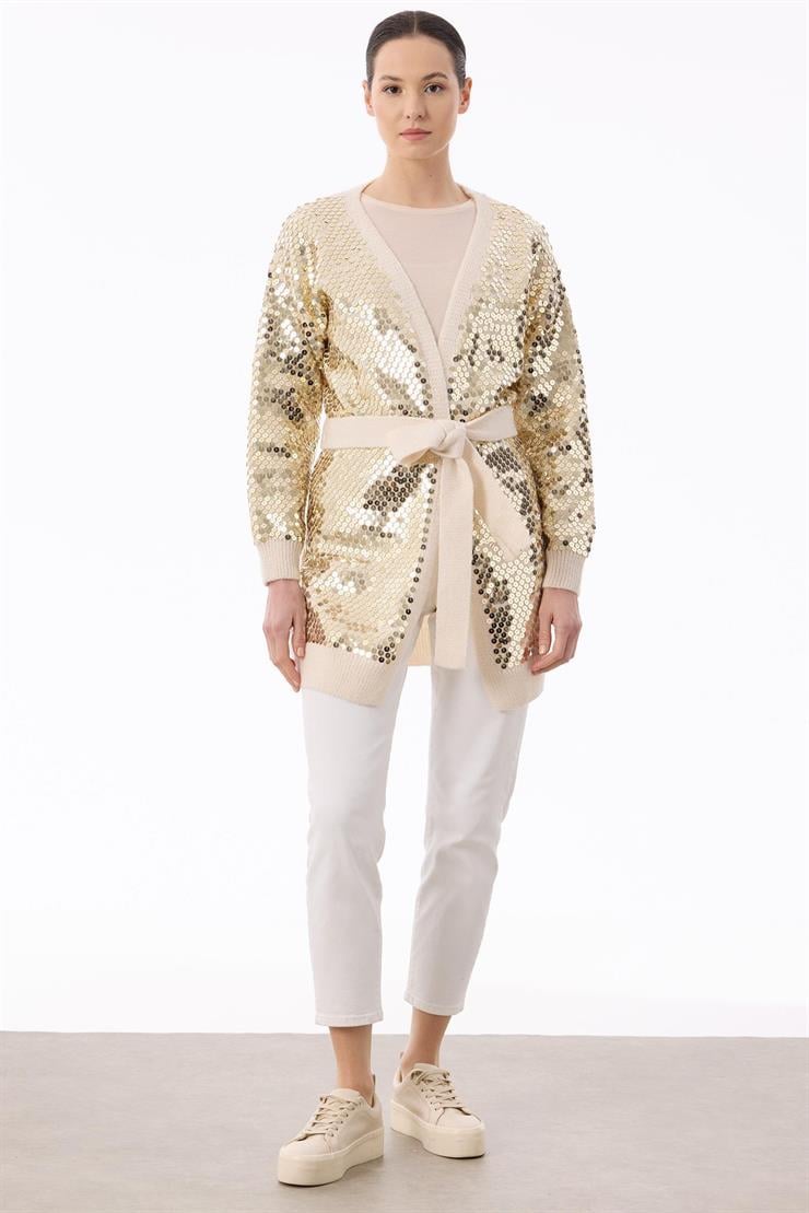 Payetli Triko Hırka BEJ/GOLD