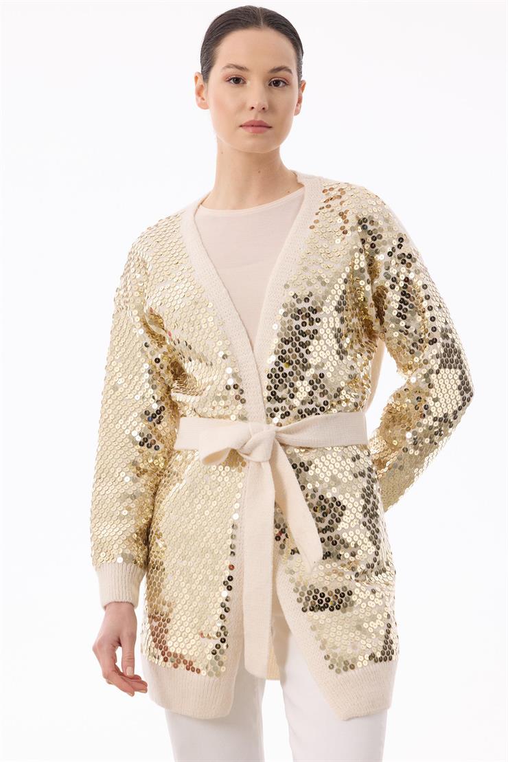 Payetli Triko Hırka BEJ/GOLD