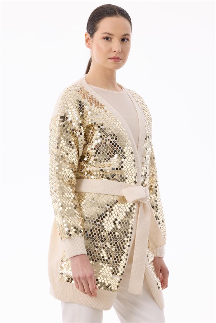 Payetli Triko Hırka BEJ/GOLD