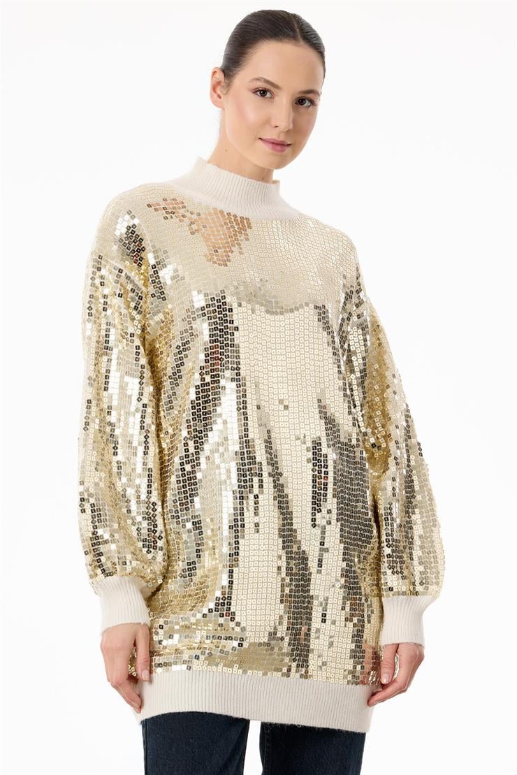 Payetli Yarım Balıkçı Triko Tunik BEJ/GOLD