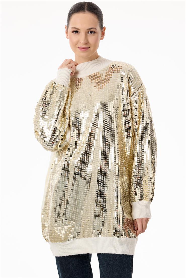 Payetli Yarım Balıkçı Triko Tunik BEJ/GOLD