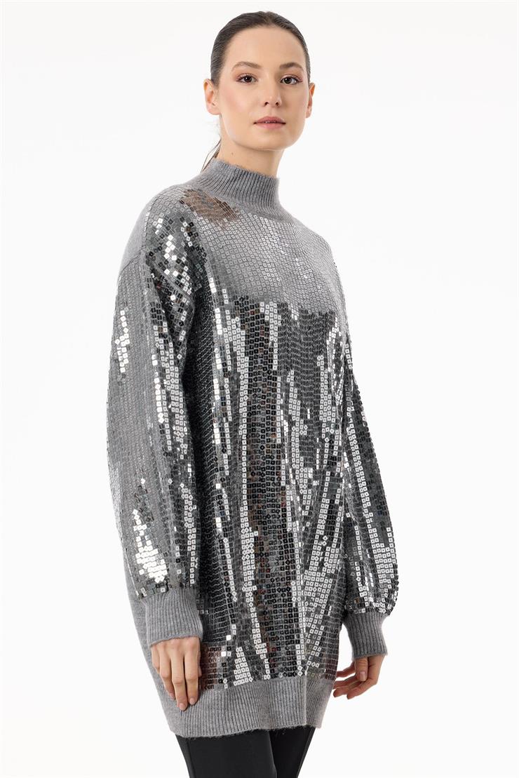 Payetli Yarım Balıkçı Triko Tunik GRİ-ANTRASİT