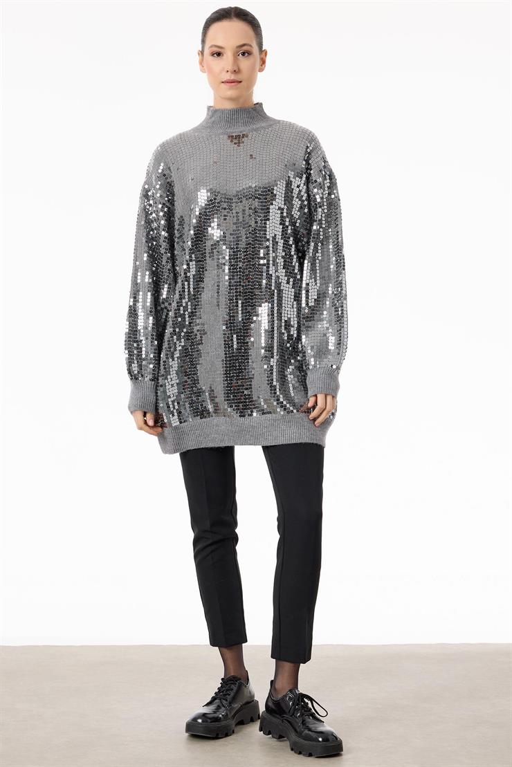 Payetli Yarım Balıkçı Triko Tunik GRİ-ANTRASİT