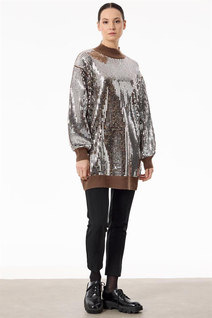 Payetli Yarım Balıkçı Triko Tunik KAHVE GÜMÜŞ