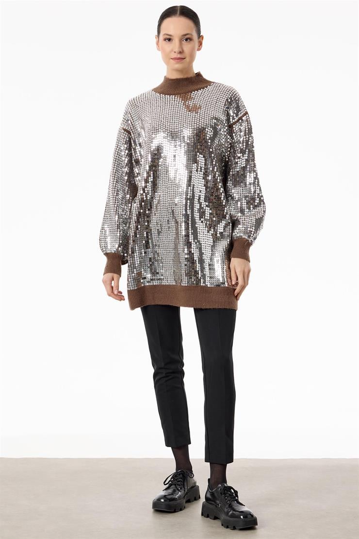 Payetli Yarım Balıkçı Triko Tunik KAHVE GÜMÜŞ