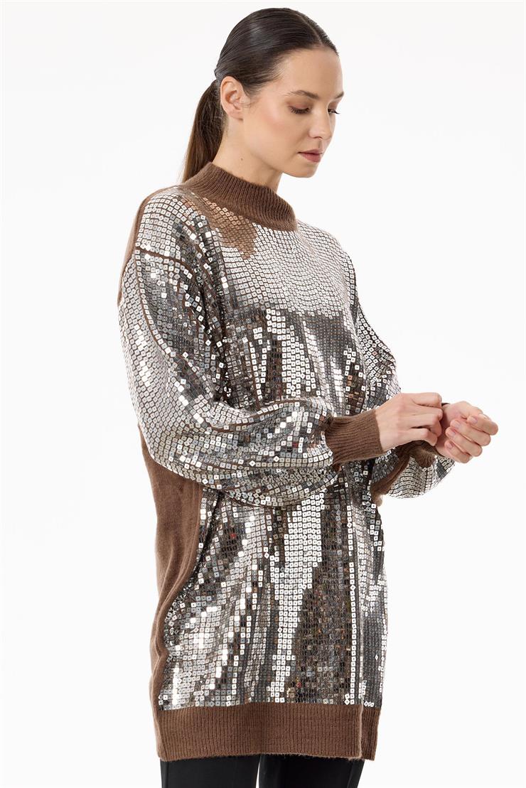 Payetli Yarım Balıkçı Triko Tunik KAHVE GÜMÜŞ