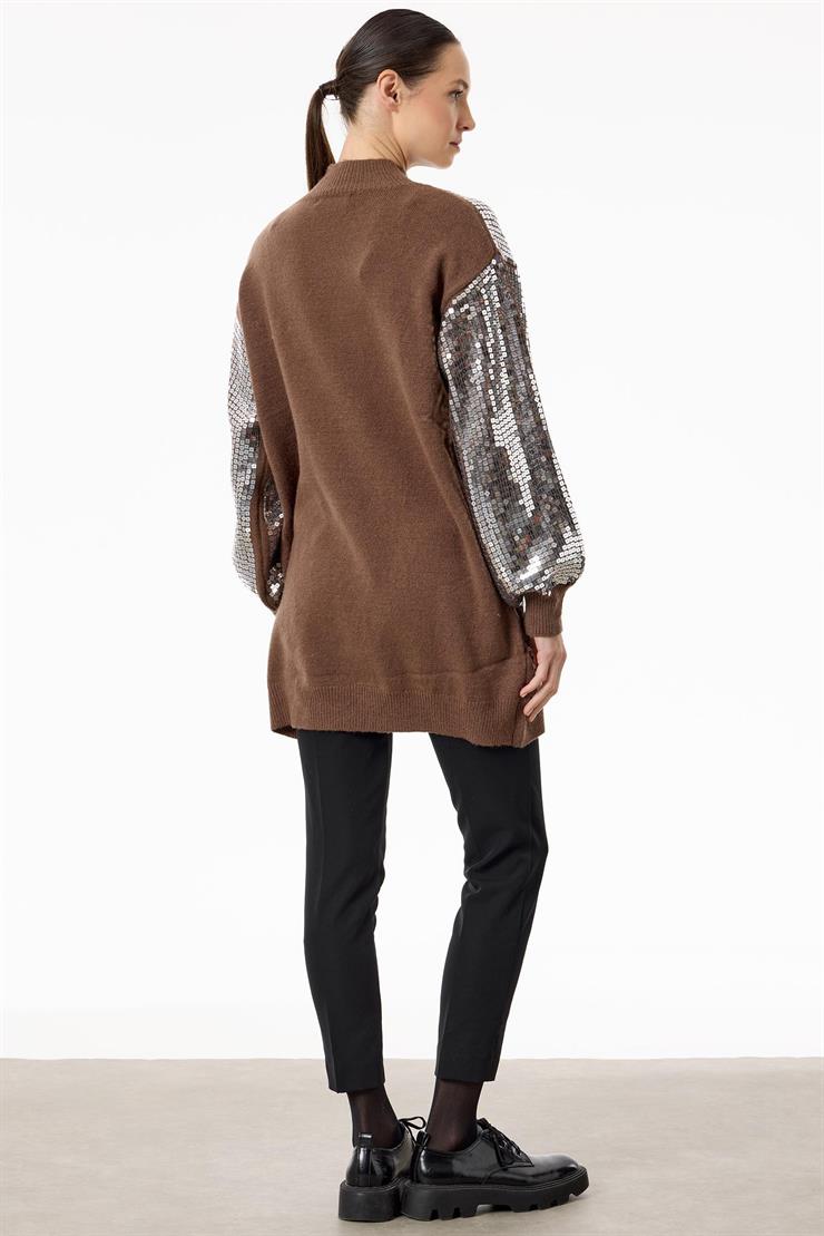 Payetli Yarım Balıkçı Triko Tunik KAHVE GÜMÜŞ