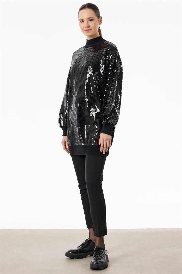 Payetli Yarım Balıkçı Triko Tunik SİYAH-SİYAH