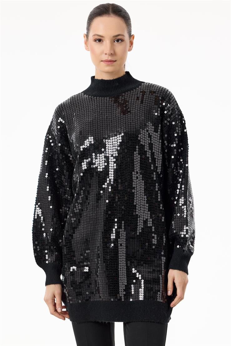 Payetli Yarım Balıkçı Triko Tunik SİYAH-SİYAH