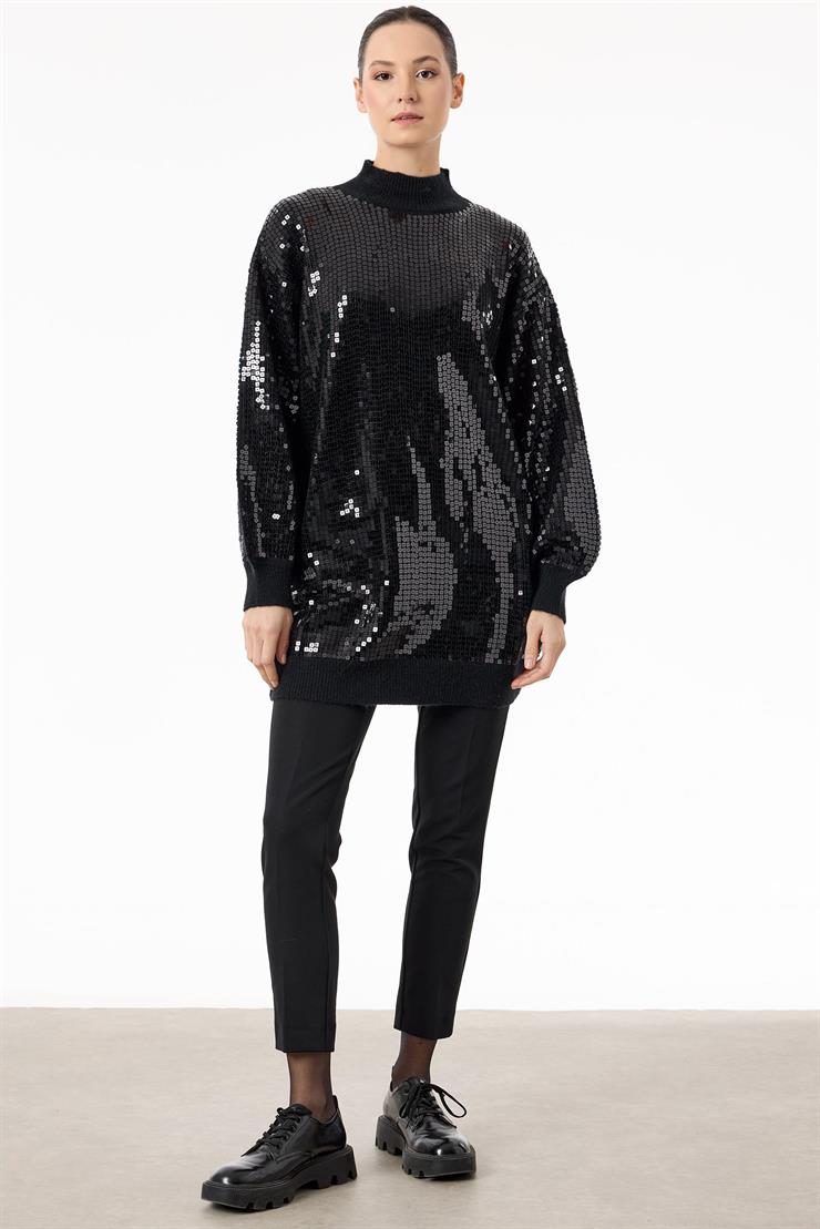 Payetli Yarım Balıkçı Triko Tunik SİYAH-SİYAH