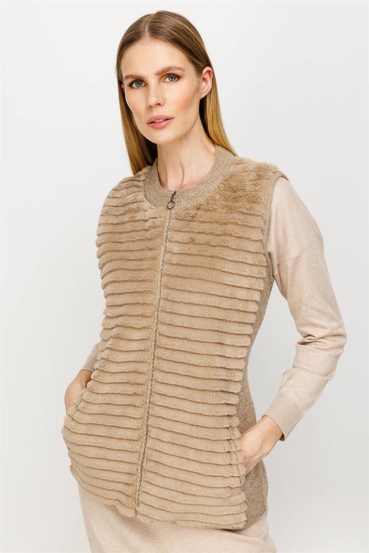 Peluş Kombinli Fermuarlı Triko Yelek-BEJ