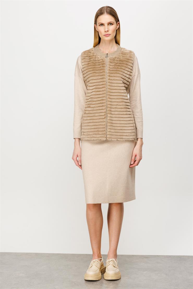 Peluş Kombinli Fermuarlı Triko Yelek-BEJ