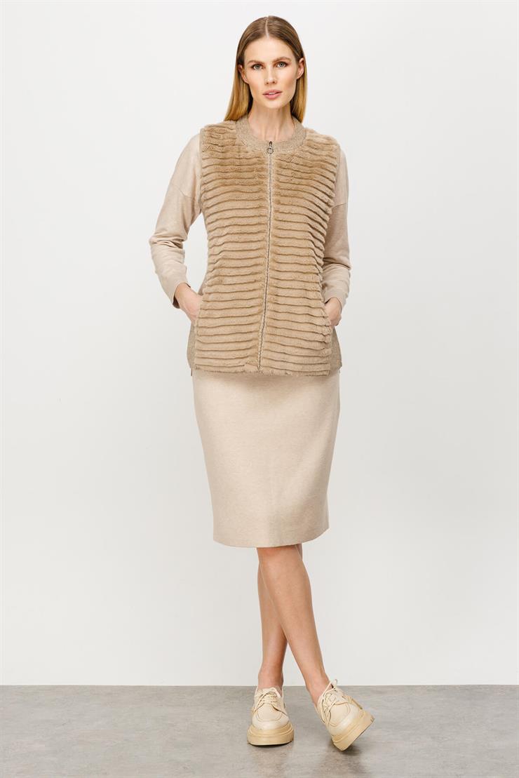 Peluş Kombinli Fermuarlı Triko Yelek-BEJ