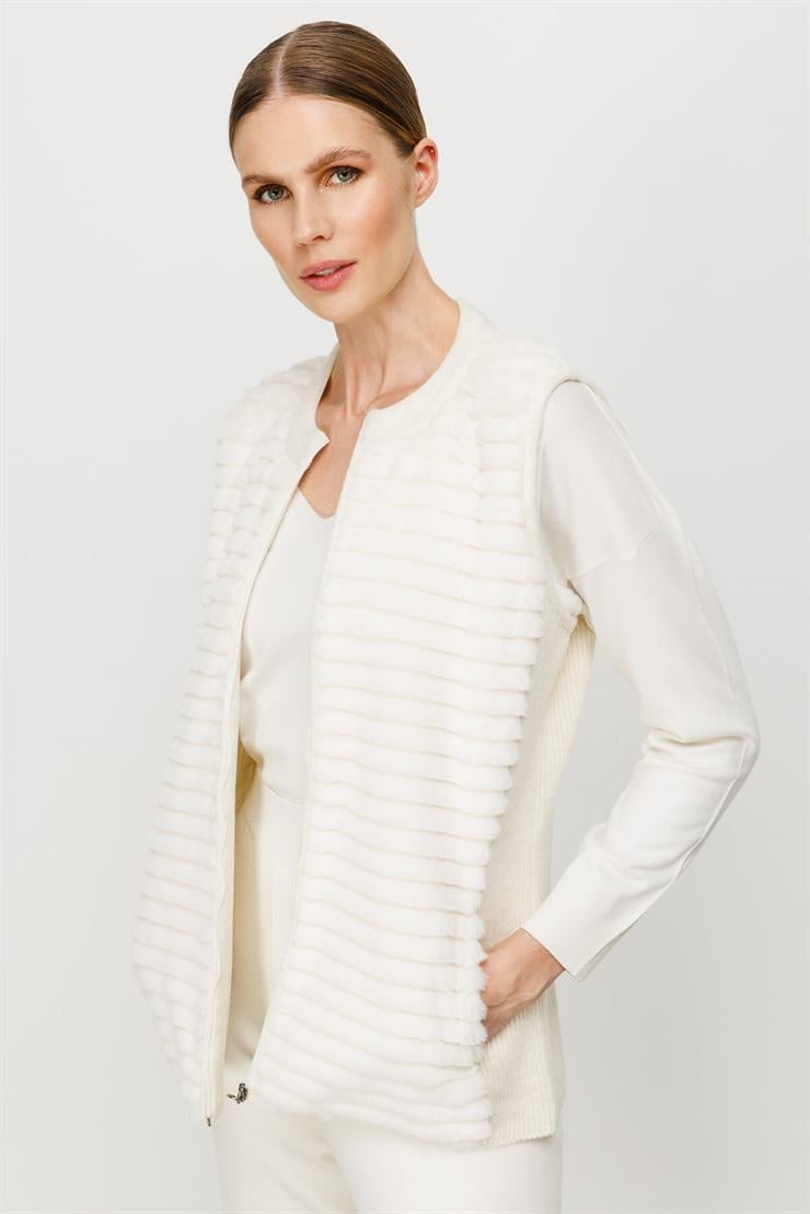 Peluş Kombinli Fermuarlı Triko Yelek-EKRU