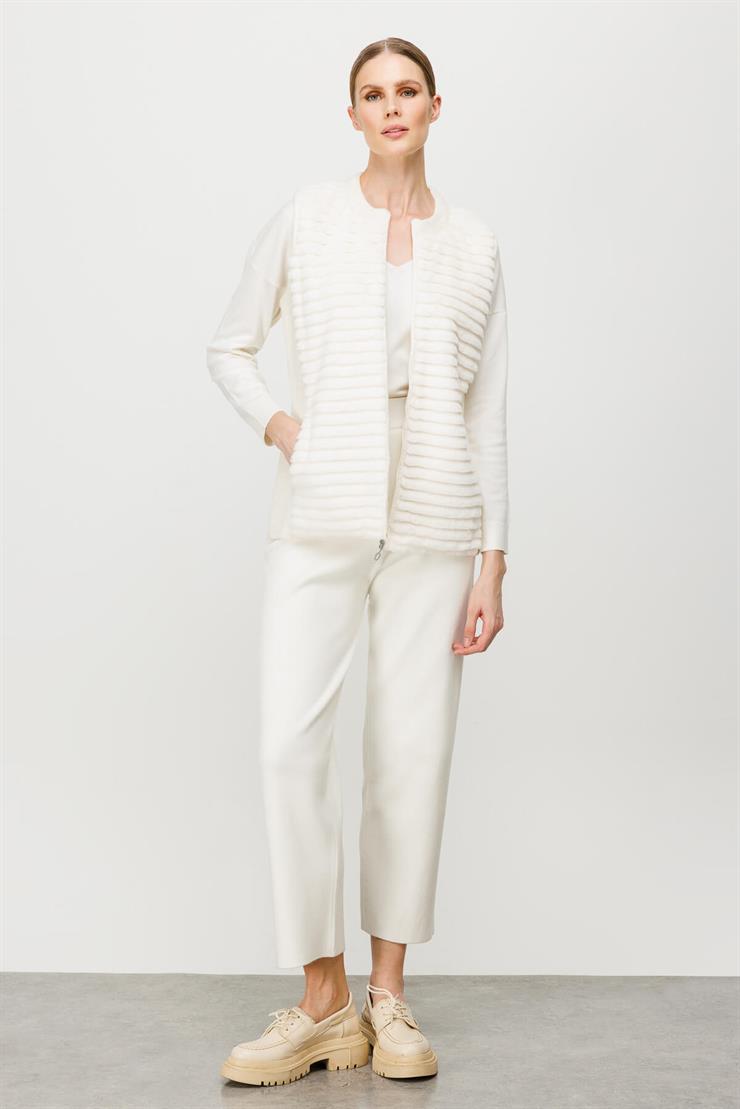 Peluş Kombinli Fermuarlı Triko Yelek-EKRU